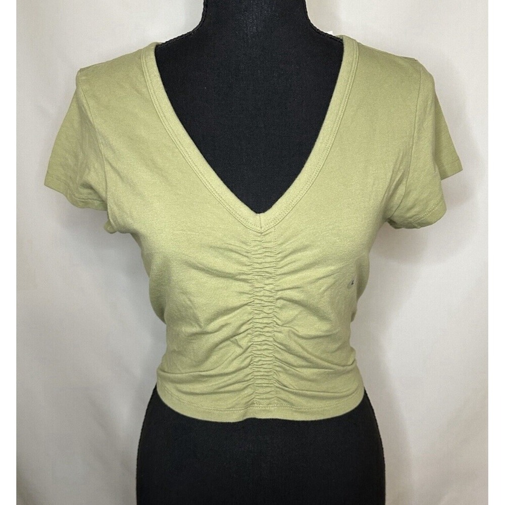 AMERICAN EAGLE AE Sage Green V-Neck Cinch Front‎ Crop Fitted T-Shirt LARGE NWT